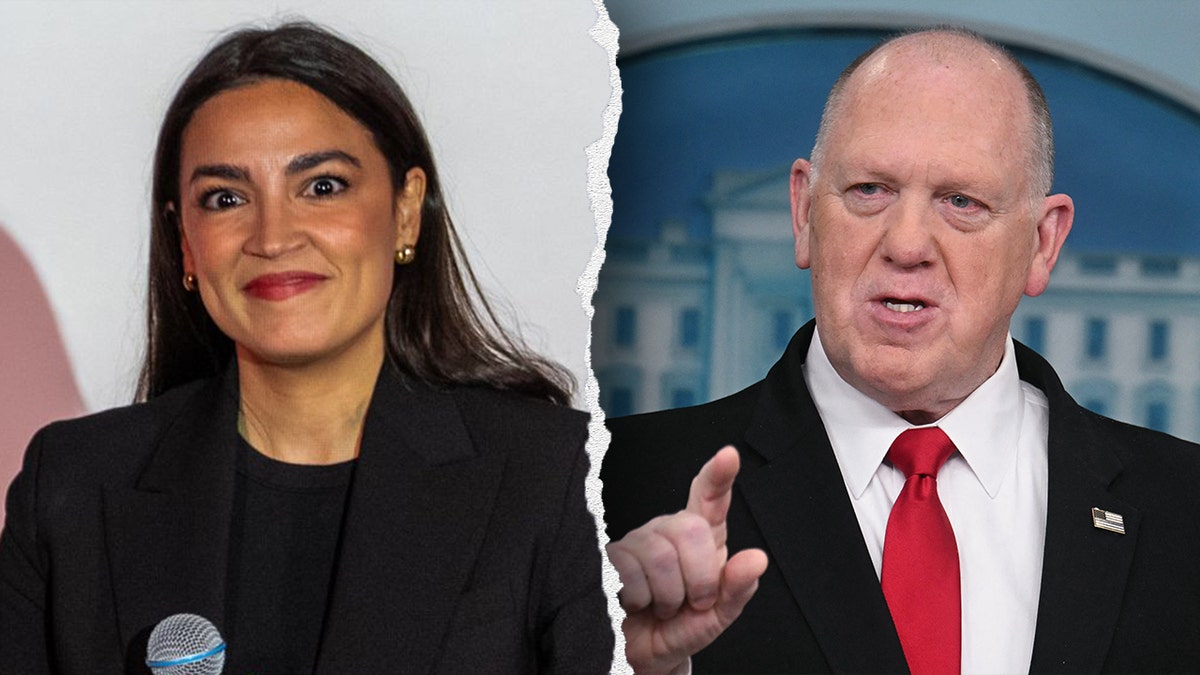 Rece. Alexandria Occasio-Cortez (D-ny) talking in a City Council of Queens, on the left, and Tom Homan