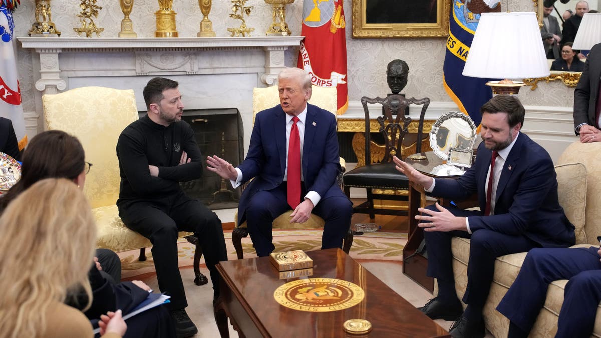 President Donald Trump, Center and Vice President JD Vance, on the right, meets with Ukrainian President Volodymyr Zelenskyy, on the left, at the Oval Office of the White House on February 28, 2025 in Washington.