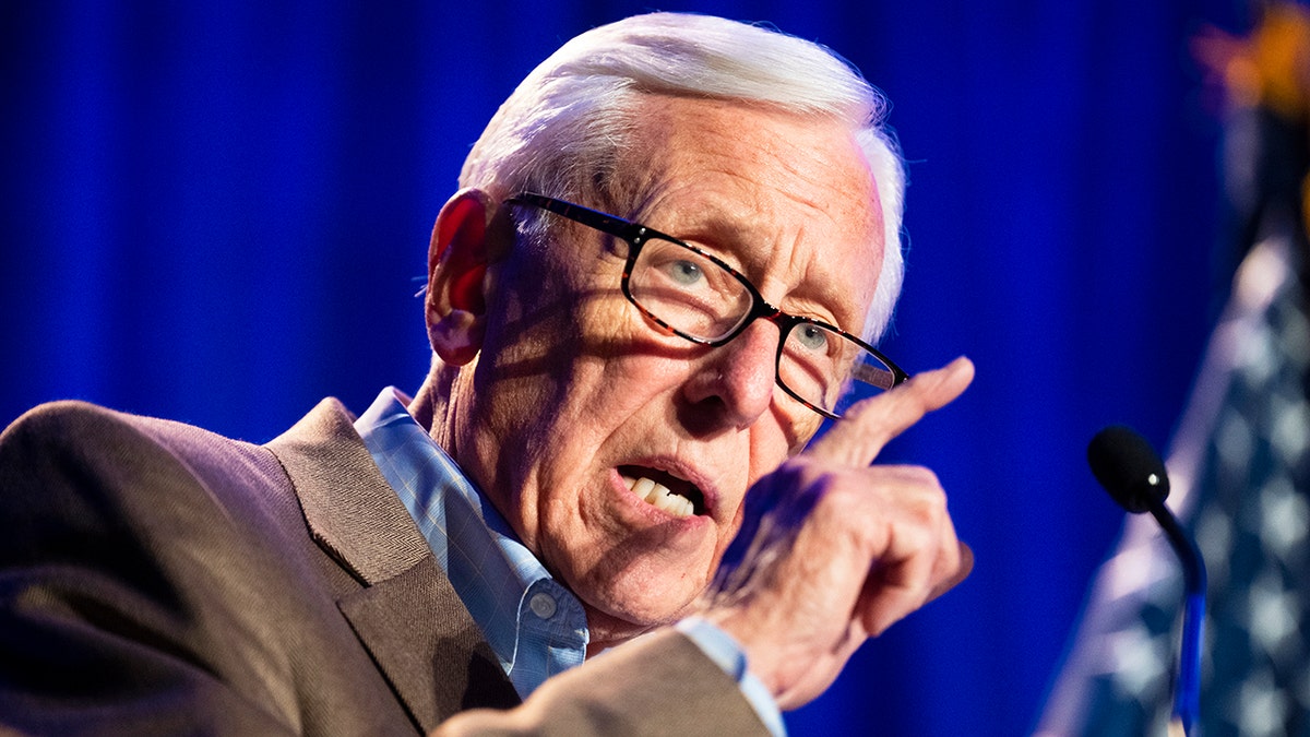 Stteny Hoyer talking in a microphone while pointing