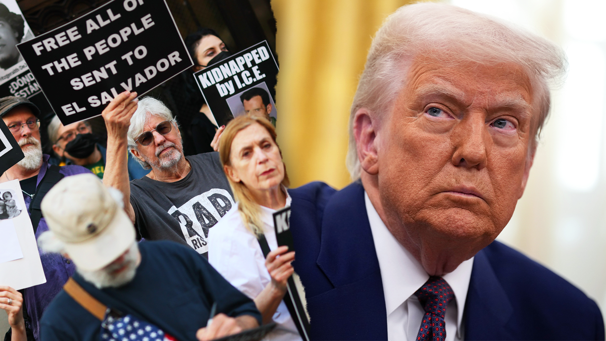 An image divided by protesters in New York City, protesting by the use of the Trump administration of alien enemies of the law to deport certain migrants from the United States to El Salvador, next to a photo of United States President Donald Trump in the White House in 2025. Photos through Getty Images