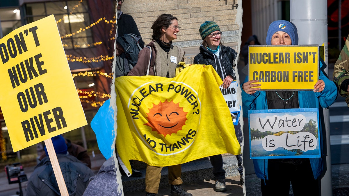 anti-nuar protesters in 3 panels