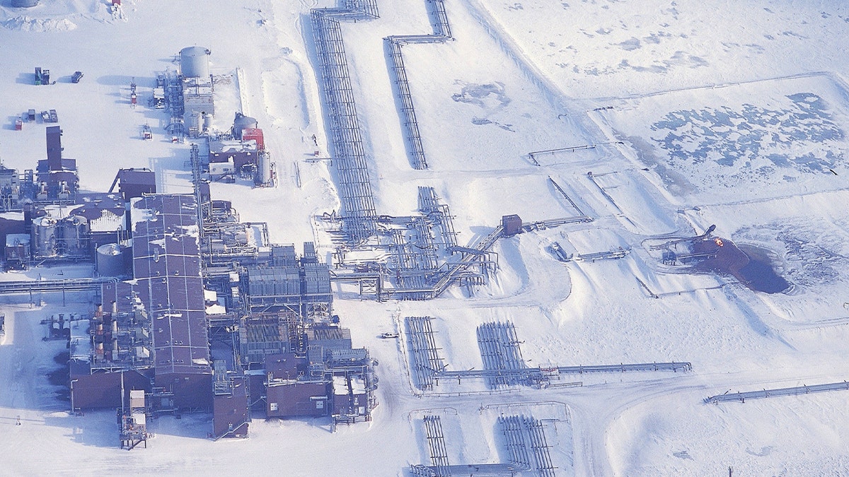 Aerial view of oil fields at the Refuge of National Arctic Wild Life in Prudhoe Bay, Alaska.