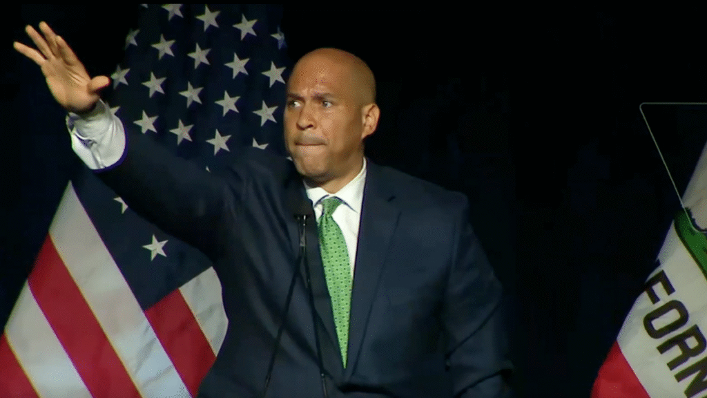 Booker hit the alleged "Nazi greeting" in Cali Dems a few months after Musk was dragged by the same gesture