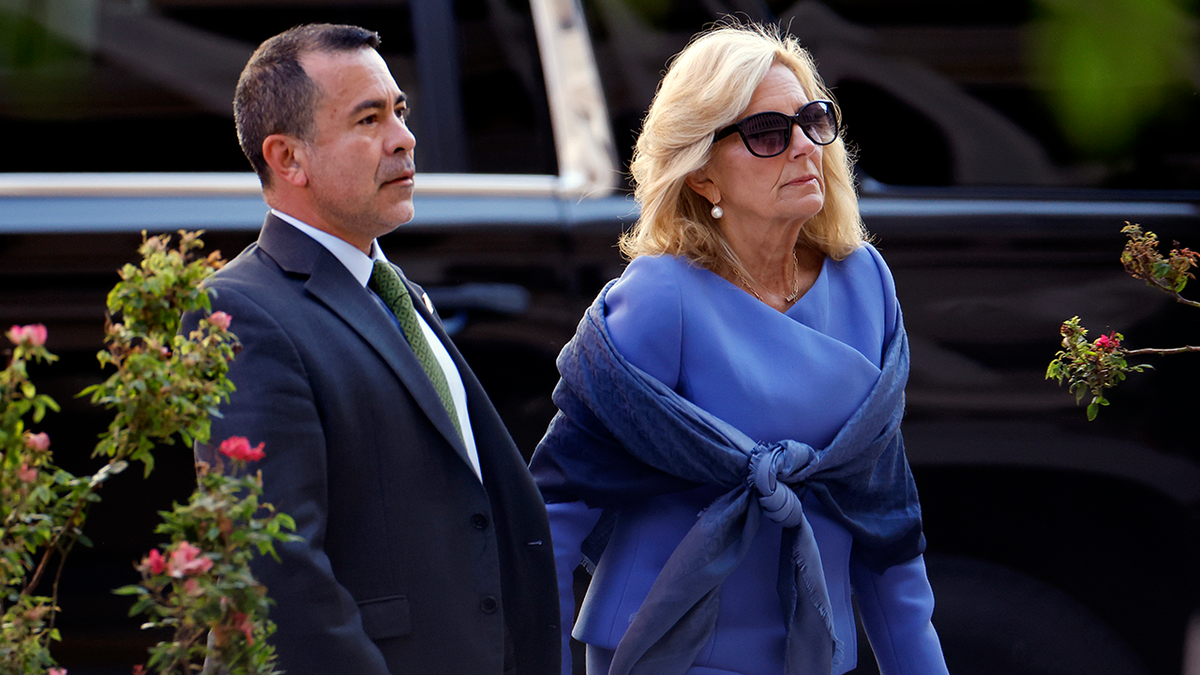 Lady Jill Biden and his senior advisor Anthony Bernal arrive at the Federal Building of J. Caleb Boggs on June 7, 2024 in Wilmington, Delaware.