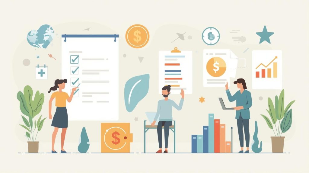 Imagem ilustrativa mostrando planejamento financeiro, checklist de organização, controle de gastos e análise pessoal.