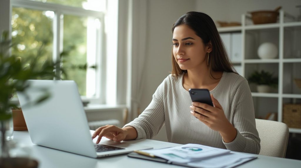 Pessoa usando aplicativo financeiro no celular para organizar gastos, com gráficos de controle financeiro na tela e ambiente moderno ao fundo.