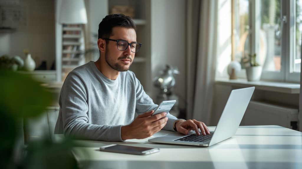 Pessoa utilizando celular e notebook para organizar finanças pessoais com aplicativos de controle financeiro e planejamento digital.