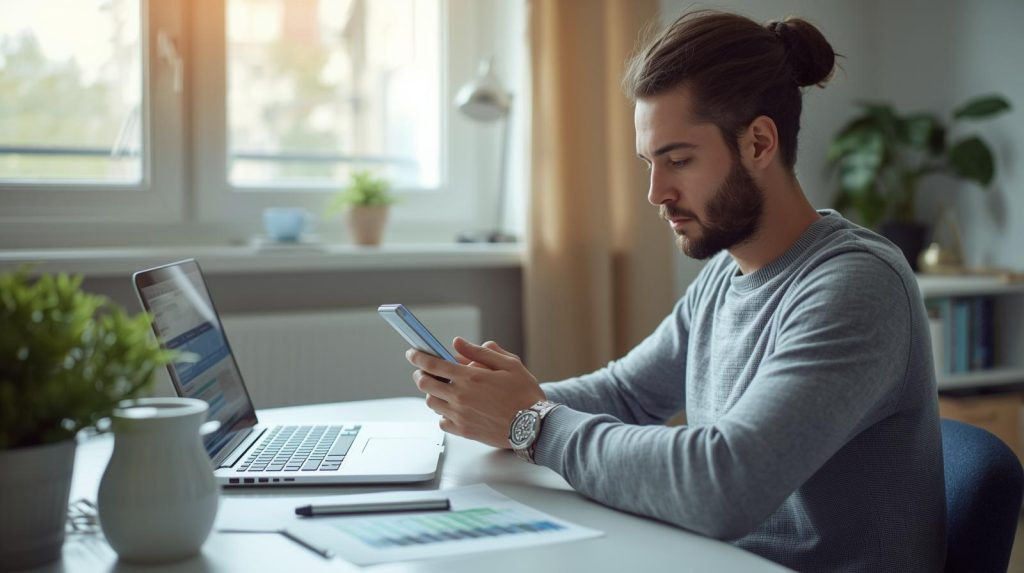 Pessoa utilizando celular e notebook para organizar finanças pessoais com aplicativos financeiros e gráficos digitais em ambiente moderno e organizado.