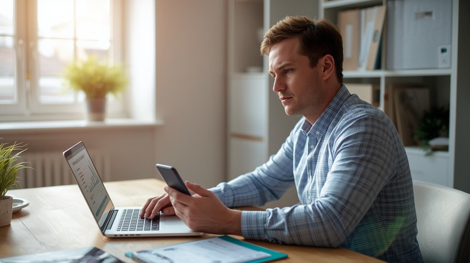Pessoa organizando orçamento pessoal com planilha e aplicativo financeiro no celular