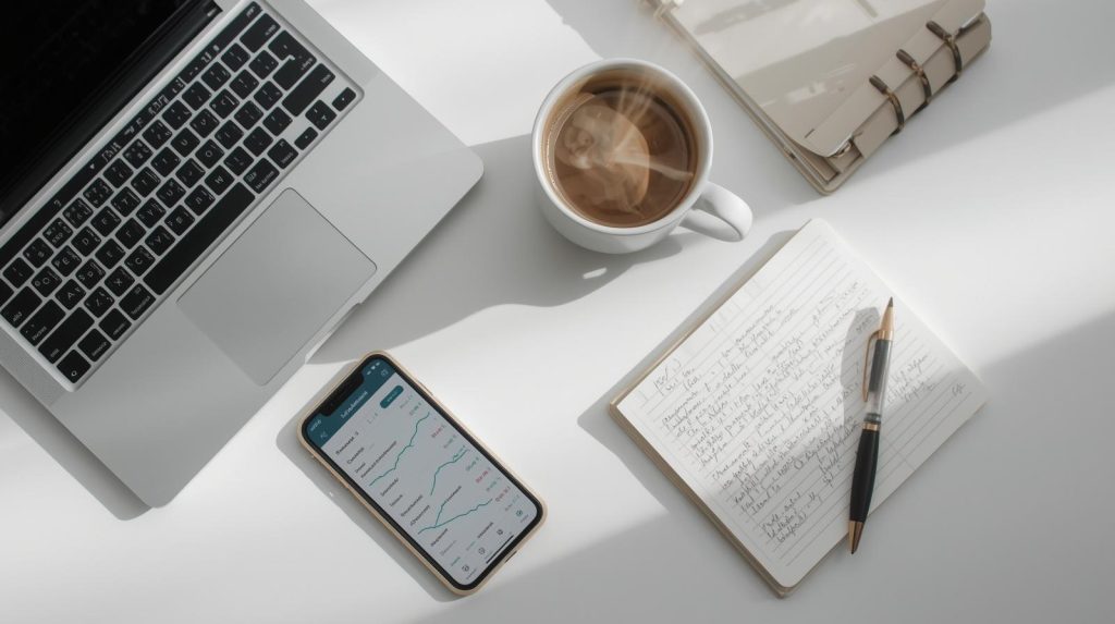 Pessoa utilizando celular e notebook para organizar finanças pessoais com aplicativos de controle financeiro e planejamento digital.