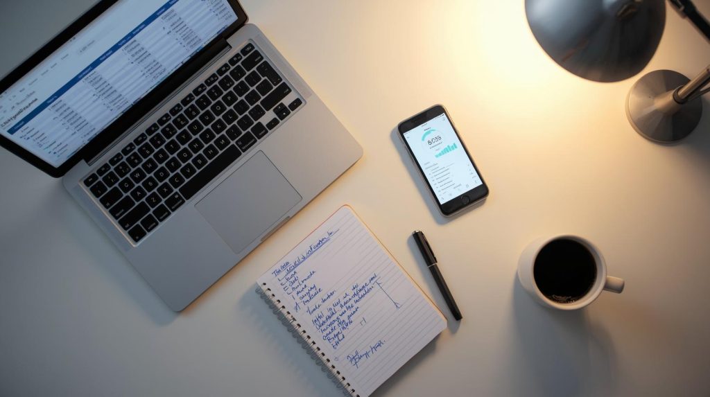 Pessoa utilizando celular e notebook para organizar finanças pessoais com aplicativos financeiros e gráficos digitais em ambiente moderno e organizado.