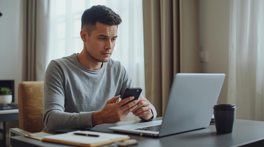 Pessoa utilizando celular e notebook para organizar finanças pessoais com aplicativos financeiros, em um ambiente moderno e organizado.