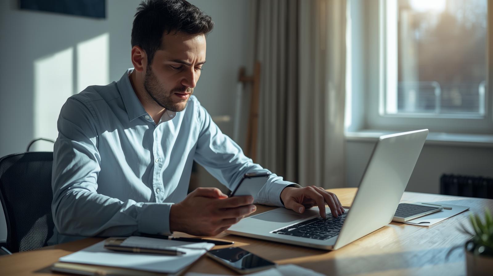 Pessoa utilizando celular e notebook para organizar finanças pessoais com aplicativos de controle financeiro e planejamento digital.
