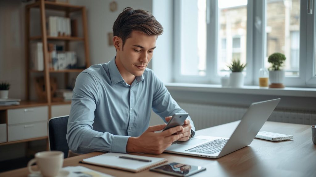 Pessoa organizando o planejamento financeiro pessoal usando ferramentas digitais em casa