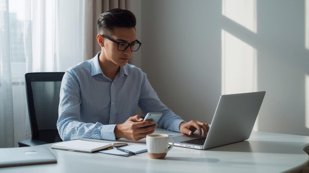 Pessoa organizando o orçamento mensal em um notebook, usando aplicativos financeiros e planilhas digitais para controle de gastos.