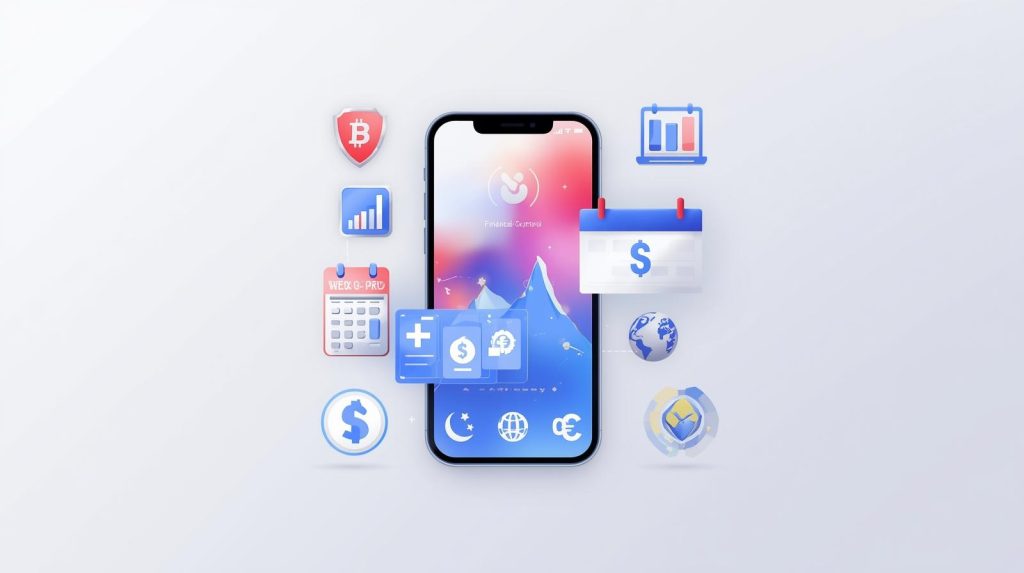 Ilustração representando o uso da tecnologia para controle de gastos, com smartphone exibindo gráficos financeiros, aplicativos de finanças e elementos digitais modernos.