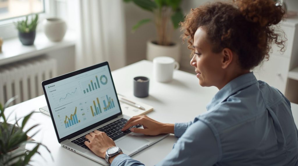 Pessoa utilizando notebook em ambiente organizado, estudando tecnologia e planejamento de carreira digital, representando o início de uma trajetória profissional online.