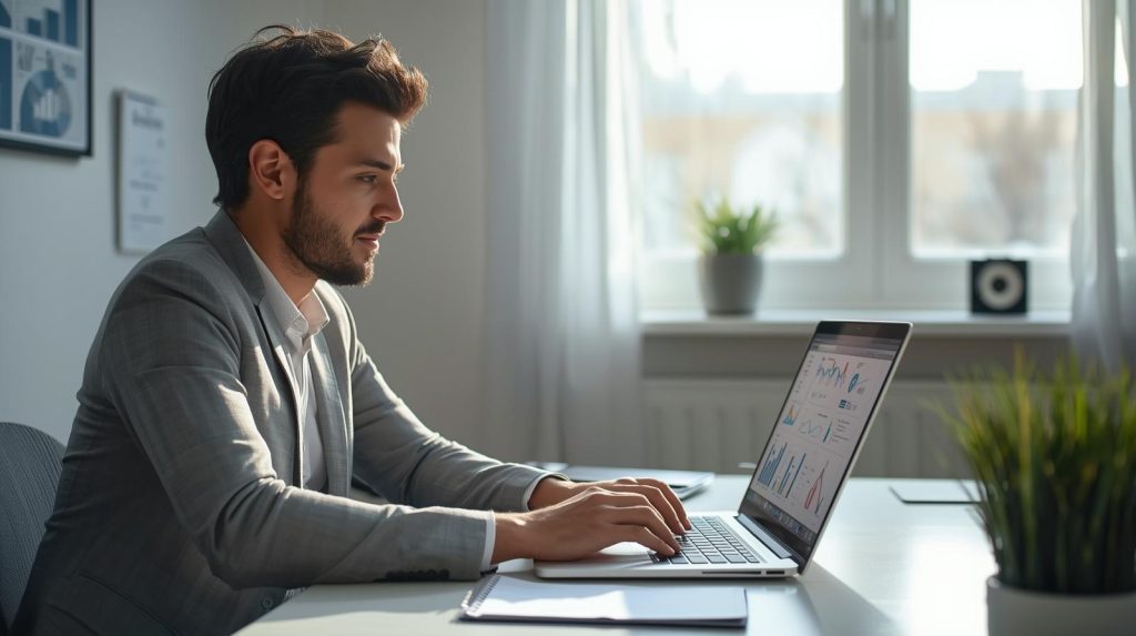 Pessoa usando notebook e celular ao mesmo tempo, organizando finanças digitais e trabalhando com ferramentas online em um ambiente moderno e iluminado.