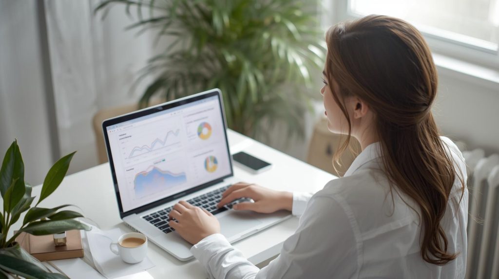 Pessoa utilizando notebook em ambiente organizado, estudando tecnologia e planejamento de carreira digital, representando o início de uma trajetória profissional online.