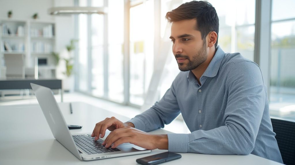 Pessoa trabalhando em casa no notebook, organizando finanças e conciliando trabalho formal com renda extra digital de forma equilibrada.