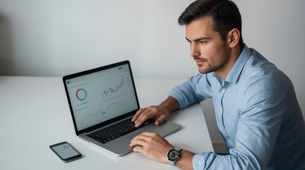 Pessoa utilizando notebook e celular em casa, organizando finanças pessoais e planejando renda extra com ajuda da tecnologia e ferramentas digitais.