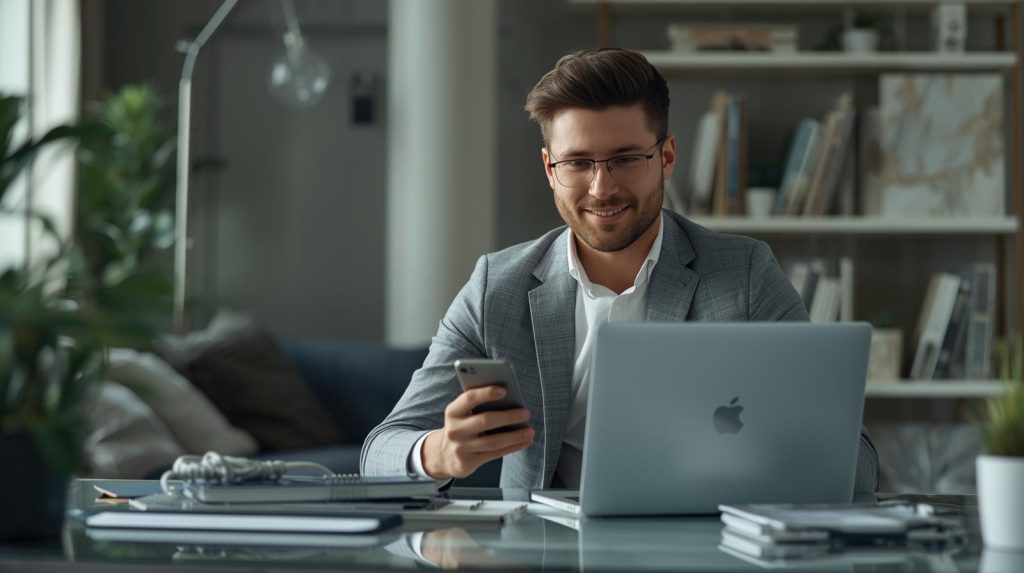 Pessoa usando notebook e celular em ambiente doméstico, organizando tarefas digitais e planejando formas de gerar renda extra com tecnologia.