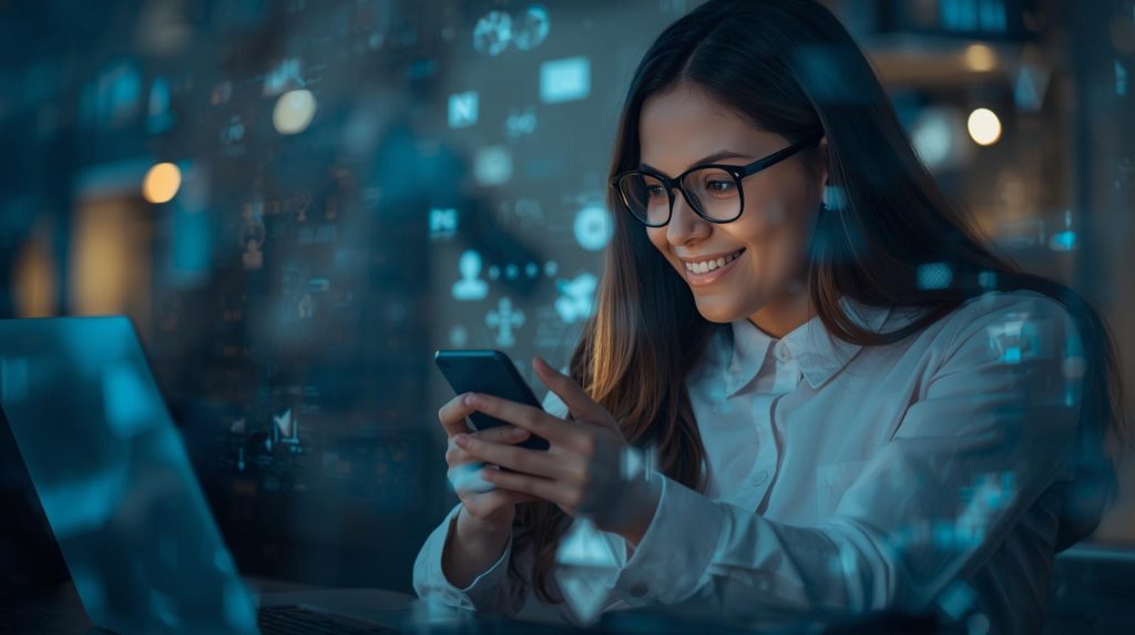 Pessoa usando notebook e celular para trabalhar com finanças digitais em ambiente moderno e organizado