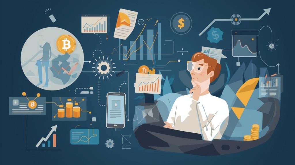 Pessoa analisando gráficos de crescimento econômico em um ambiente moderno, com elementos tecnológicos representando inovação, transformação digital e desenvolvimento econômico.