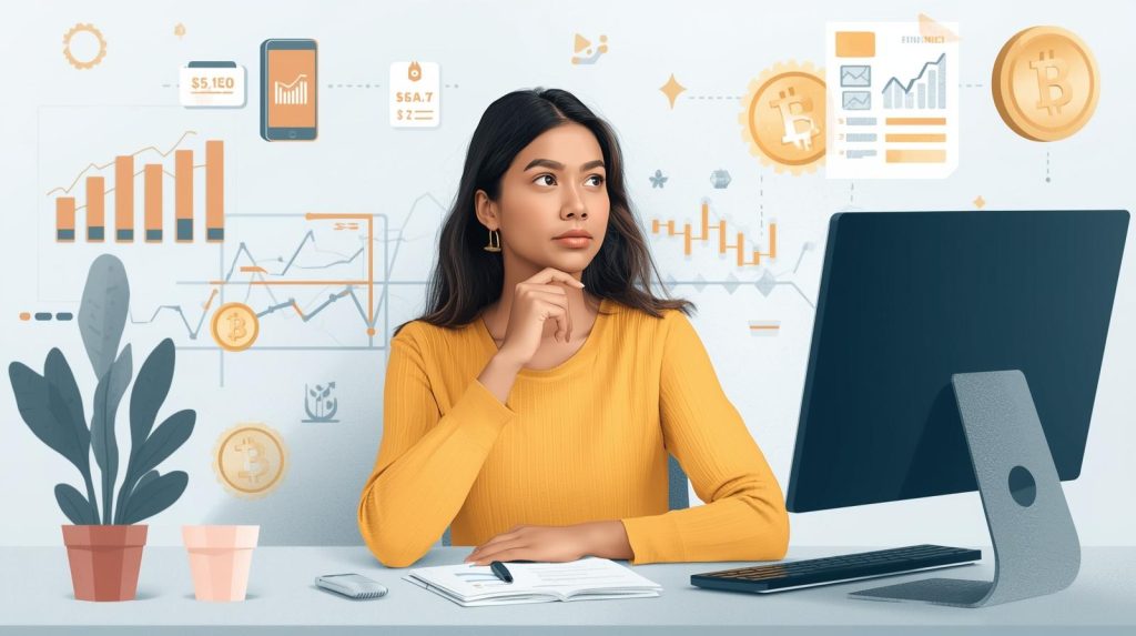 Ilustração representando a integração entre tecnologia e economia, com pessoa analisando dados financeiros em um ambiente digital moderno, simbolizando inovação e transformação econômica.