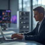 Pessoa analisando gráficos de crescimento econômico em um ambiente moderno, com elementos tecnológicos representando inovação, transformação digital e desenvolvimento econômico.