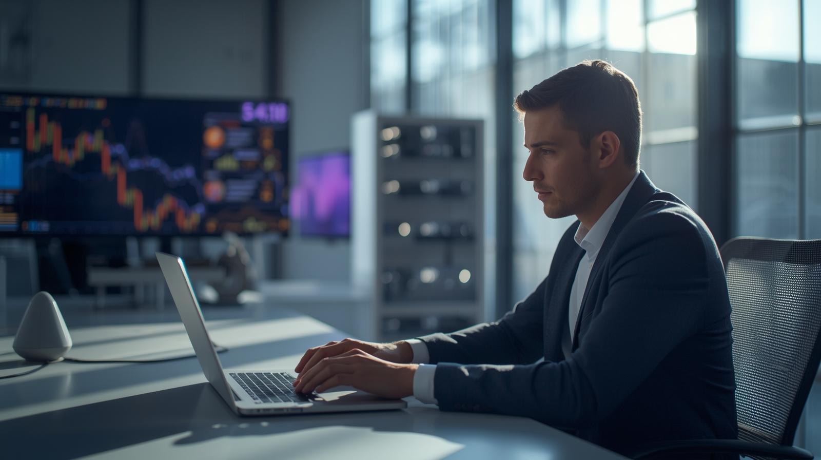 Pessoa analisando gráficos de crescimento econômico em um ambiente moderno, com elementos tecnológicos representando inovação, transformação digital e desenvolvimento econômico.