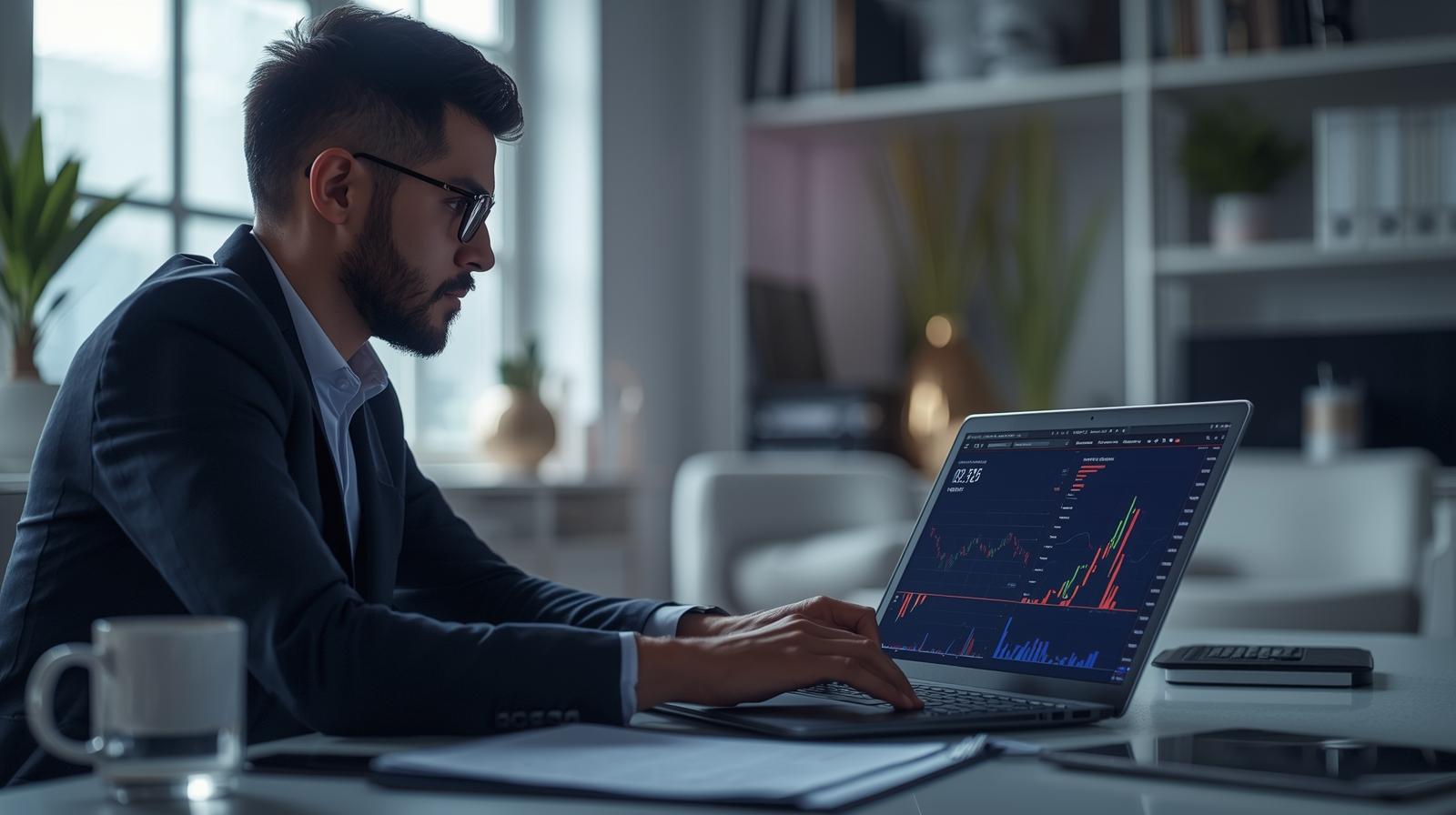 Ilustração representando a integração entre tecnologia e economia, com pessoa analisando dados financeiros em um ambiente digital moderno, simbolizando inovação e transformação econômica.