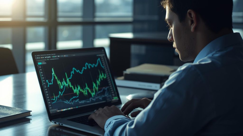 Pessoa analisando gráficos digitais em um notebook, representando o impacto da transformação digital nas empresas e no mercado financeiro.