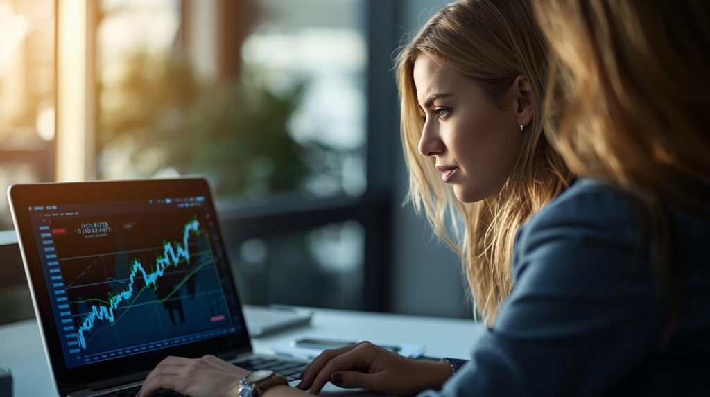 Pessoa analisando gráficos digitais em um notebook, representando o impacto da transformação digital nas empresas e no mercado financeiro.