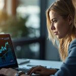 Pessoa analisando gráficos digitais em um notebook, representando o impacto da transformação digital nas empresas e no mercado financeiro.