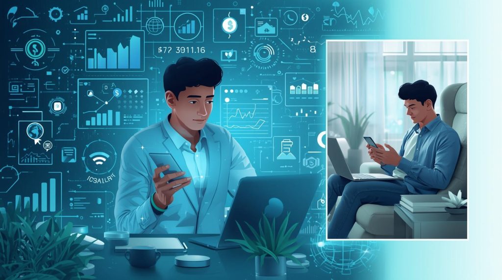 Pessoa utilizando tecnologia para organizar finanças pessoais, com gráficos digitais e elementos de educação financeira.