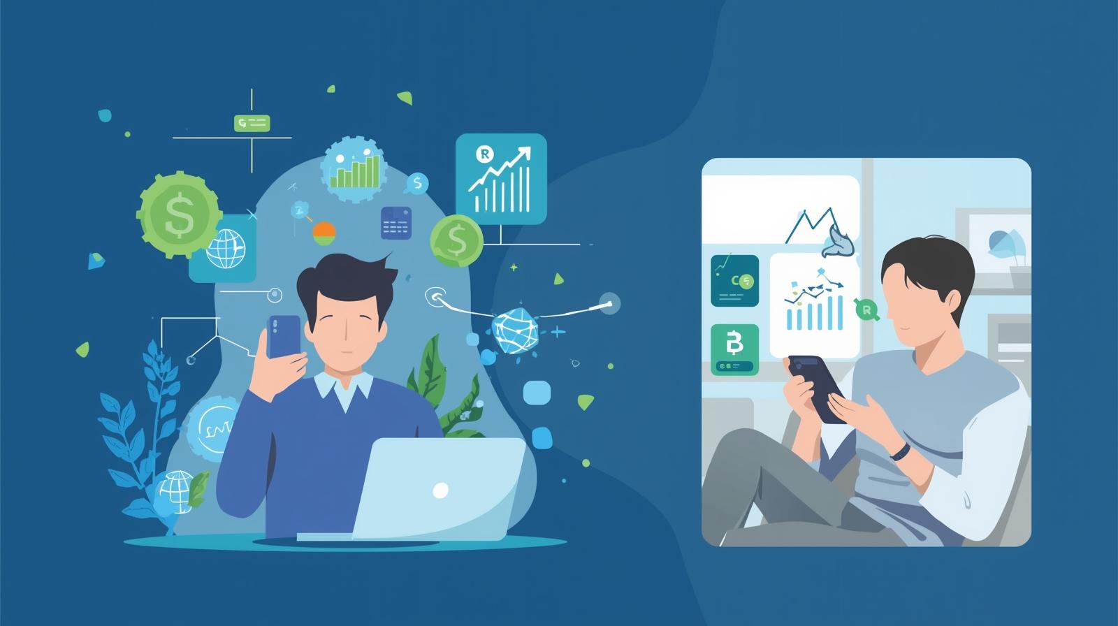 Pessoa utilizando tecnologia para organizar finanças pessoais, com gráficos digitais e elementos de educação financeira.